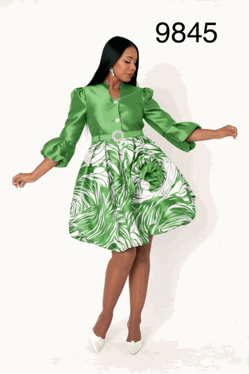 Chancele <br> (2026) <br> c9845-Gr <br> <br> Green/Multi <br> 8 10 12 14 16 18 20 <BR><BR>Puff Sleeve Fit & Flare Occasion Dress