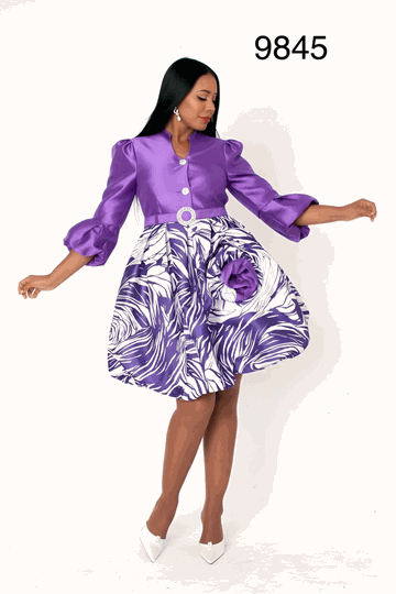 Chancele <br> (2026) <br> c9845-Pu <br> <br> Purple/Multi <br> 8 10 12 14 16 18 20 <BR><BR>Puff Sleeve Fit & Flare Occasion Dress
