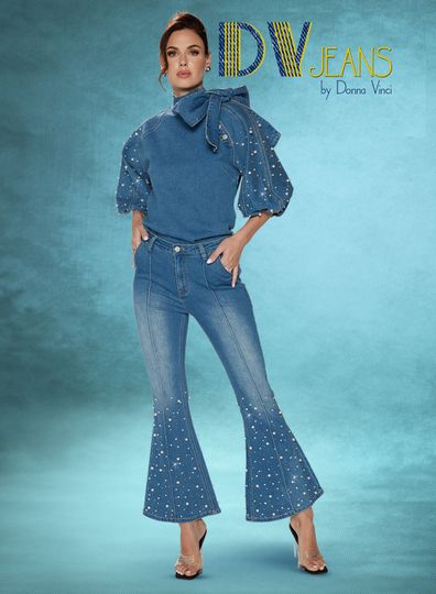 D.V. Jeans <br> (Fall 2024) <br> DV8490-BL <br> <br>  BLUE <br> BLACK<br> S M L XL 1x 2x<br> <br> 2pc. Top & Pant Set <br> Premium Quality Stretch Denim Trimmed With Pearls & Rhinestones