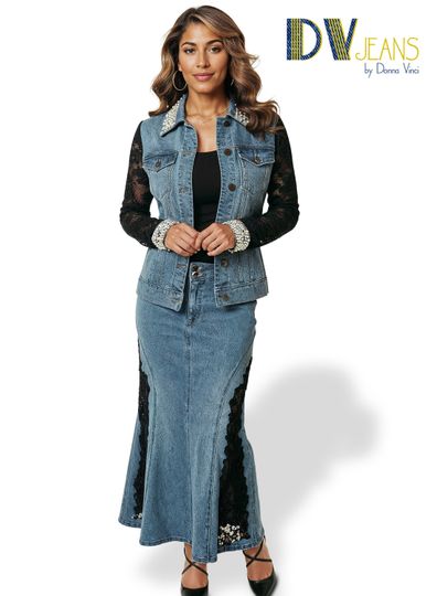 D.V. Jeans <br> (Spring 2026) <br> DV8519 <br> <br> BLUE <br> S M L XL 1x 2x<BR><BR>2pc. Jacket & Skirt Set