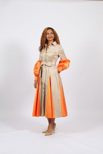 Diana Collection <br> (Spring/Summer 2026) <br> D9022 <br><br>Taupe/Orange <br> 8 10 12 14 16 18 20 22 24<br><br>Polyester<br>1 pc Dress