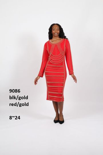 Diana Collection <br> (Spring/Summer 2026) <br> D9086 <br><br>Black/Gold  <br>   Red/Gold <br> 8 10 12 14 16 18 20 22 24<br><br>Scuba<br>1 pc Dress