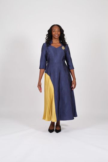 Diana Collection <br> (Spring/Summer 2026) <br> D9134 <br><br>Navy/Yellow <br> 8 10 12 14 16 18 20 22 24<br><br>Brocade<br>1 pc Dress