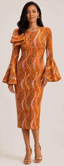 Divine Apparel Holiday <br> (Holiday 2026) <br> DCC309781 <br> <br> Gold/Multi <br> 8 10 12 14 16 18  <br> 16w 18w 20w 22w 24w 26w<br><br>1 Piece Ssequin Midi Dress w/Bell Sleeves <br>