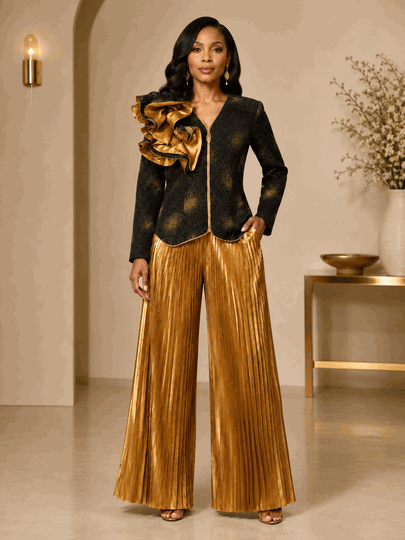Divine Apparel Holiday <br> (Holiday 2026) <br> DCC310062 <br> <br> Black-Gold <br> S M L XL 1x 2x 3x<br><br>Lined 1 Piece Silk Dress w/ 3D Shoulder Adornment <br>
