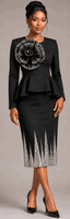 Divine Apparel Holiday <br> (Holiday 2026) <br> G402112 <br> <br> Black <br> 8 10 12 14 16 18  <br> 16w 18w 20w 22w 24w 26w<br><br>Lined 2 Piece Scuba Knit Suit w/ 3D Chest Adornment & Rhinestone Ttrim <br>