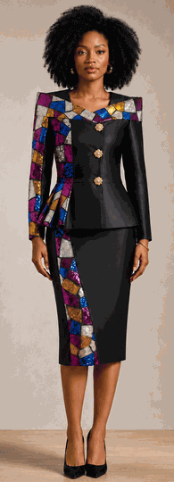 Divine Apparel Holiday <br> (Holiday 2026) <br> G402152 <br> <br> Black/Multi <br> 8 10 12 14 16 18  <br> 16w 18w 20w 22w 24w 26w<br><br>2 Piece Print Jacket & Skirt Suit <br>