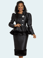 Donna Vinci Couture <br> (Fall 2025) <br> DV12136-BL <br> <br> BLACK <br> 8 10 12 14 16 18 20<br> <br> 2pc. Jacket & Skirt Set <br> Virtual Silk Fabrics Trimmed With Matching High Quality Faux Fur & Rhinestone Buttons & Broach.