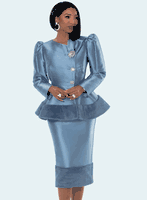 Donna Vinci Couture <br> (Fall 2025) <br> DV12136-DU <br> <br> DUSK-BLUE <br> 8 10 12 14 16 18 20<br> <br> 2pc. Jacket & Skirt Set <br> Virtual Silk Fabrics Trimmed With Matching High Quality Faux Fur & Rhinestone Buttons & Broach.