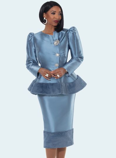 Donna Vinci Couture <br> (Fall 2025) <br> DV12136-DU <br> <br> DUSK-BLUE <br> 8 10 12 14 16 18 20<br> <br> 2pc. Jacket & Skirt Set <br> Virtual Silk Fabrics Trimmed With Matching High Quality Faux Fur & Rhinestone Buttons & Broach.
