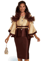 Donna Vinci Couture <br> (Fall 2025) <br> DV12165-GO <br> <br> GOLD/BROWN <br> 8 10 12 14 16 18 20<br> <br> 2pc. Jacket & Skirt Set <br> Virtual Silk Look Fabrics Trimmed With Organza Flower & Rhinestone Buttons.