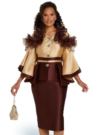 Donna Vinci Couture <br> (Fall 2025) <br> DV12165-GO <br> <br> GOLD/BROWN <br> 8 10 12 14 16 18 20<br> <br> 2pc. Jacket & Skirt Set <br> Virtual Silk Look Fabrics Trimmed With Organza Flower & Rhinestone Buttons.