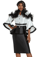 Donna Vinci Couture <br> (Fall 2025) <br> DV12165-WH <br> <br> WHITE/BLACK <br> 8 10 12 14 16 18 20<br> <br> 2pc. Jacket & Skirt Set <br> Virtual Silk Look Fabrics Trimmed With Organza Flower & Rhinestone Buttons.