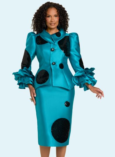 Donna Vinci Couture <br> (Fall 2025) <br> DV12205-DY <br> <br> DYNASTY-GREEN <br> 8 10 12 14 16 18 20<br> <br> 2pc. Jacket & Skirt Set <br> Virtual Silk Look Fabric Trimmed With Black Sequins & Large Stone Buttons.
