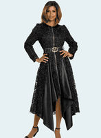 Donna Vinci Couture <br> (Fall 2025) <br> DV12206 <br> <br> BLACK <br> 8 10 12 14 16 18 20<br> <br> Dress <br> Novelty Fabric With Stretch Belt & Gold Trim