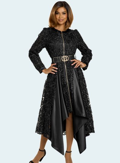 Donna Vinci Couture <br> (Fall 2025) <br> DV12206 <br> <br> BLACK <br> 8 10 12 14 16 18 20<br> <br> Dress <br> Novelty Fabric With Stretch Belt & Gold Trim