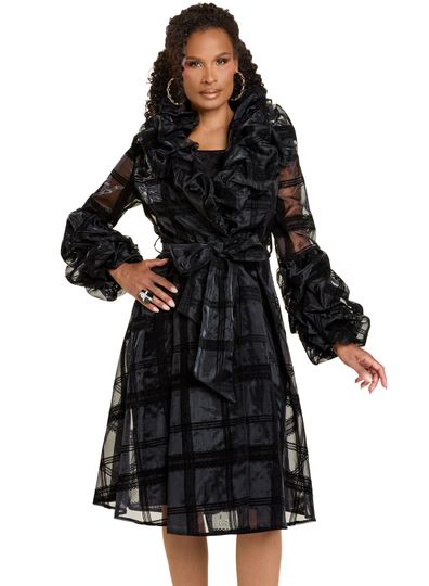 Donna Vinci Couture <br> (Fall 2025) <br> DV12207 <br> <br> BLACK <br> 8 10 12 14 16 18 20<br> <br> Dress & Jacket <br> Novelty Organza Belted Jacket With Velvet Dress