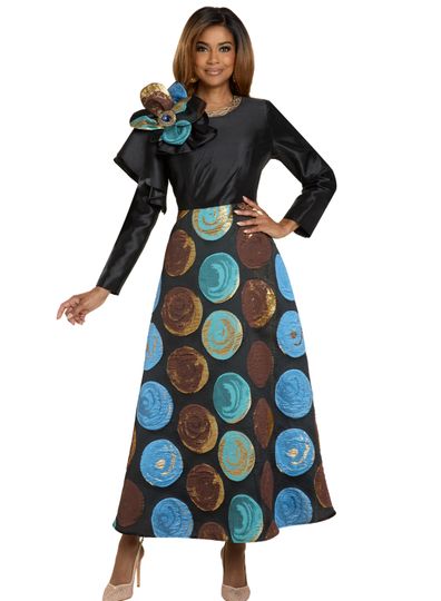 Donna Vinci Couture <br> (Fall 2025) <br> DV12208 <br> <br> BLACK/MULTI <br> 8 10 12 14 16 18 20<br> <br> Dress <br> Novelty Brocade Fabric & Black Virtual Silk, Gold Rhinestone Trim on Neckline & Large Broach