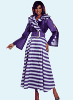 Donna Vinci Couture <br> (Fall 2025) <br> DV12209 <br> <br> PURPLE/WHITE <br> 8 10 12 14 16 18 20<br> <br> Dress <br> Virtual Silk Fabric in Stripe & Solid, Rhinestones on Sleeves & Wide Belt With Gold Rhinestones