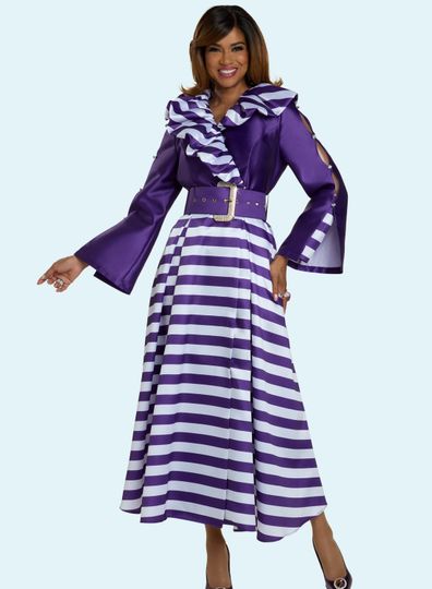 Donna Vinci Couture <br> (Fall 2025) <br> DV12209 <br> <br> PURPLE/WHITE <br> 8 10 12 14 16 18 20<br> <br> Dress <br> Virtual Silk Fabric in Stripe & Solid, Rhinestones on Sleeves & Wide Belt With Gold Rhinestones