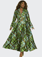 Donna Vinci Couture <br> (Fall 2025) <br> DV12210 <br> <br> GREEN/MULTI <br> 8 10 12 14 16 18 20<br> <br> Dress <br> Novelty Fabric Trimmed With Gold Buttons & Wide Belt With Rhinestones