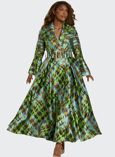 Donna Vinci Couture <br> (Fall 2025) <br> DV12210 <br> <br> GREEN/MULTI <br> 8 10 12 14 16 18 20<br> <br> Dress <br> Novelty Fabric Trimmed With Gold Buttons & Wide Belt With Rhinestones