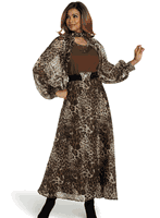 Donna Vinci Couture <br> (Fall 2025) <br> DV12211 <br> <br> ANIMAL-PRINT <br> 8 10 12 14 16 18 20<br> <br> 2Pc. Dress & Shrug Set <br> Organza Animal Print With Small Silver Rhinestones & Peach Skin Fabric, Top is A Shrug/Cape Design. Stretch Belt