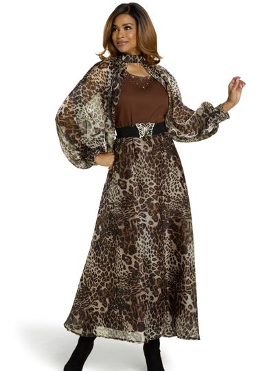 Donna Vinci Couture <br> (Fall 2025) <br> DV12211 <br> <br> ANIMAL-PRINT <br> 8 10 12 14 16 18 20<br> <br> 2Pc. Dress & Shrug Set <br> Organza Animal Print With Small Silver Rhinestones & Peach Skin Fabric, Top is A Shrug/Cape Design. Stretch Belt