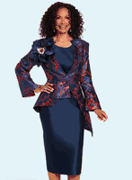 Donna Vinci Couture <br> (Fall 2025) <br> DV12212 <br> <br> NAVY/RED <br> 8 10 12 14 16 18 20<br> <br> 3pc. Jacket, Cami & Skirt Set <br> Novelty Jacket Fabric With Solid Virtual Silk Skirt.  Navy Rhinestone Closure Buckle and A Beautiful Detachable Broach With Rhinestones
