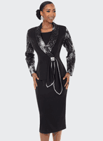 Donna Vinci Couture <br> (Fall 2025) <br> DV12213 <br> <br> BLACK/SILVER <br> 8 10 12 14 16 18 20<br> <br> 2pc. Jacket & Skirt Set <br> Novelty Sequin Fabric in Black & Silver, Designed With Crepe Fabrics For Jacket & Skirt.  Rhinestone Trimmed Front Closure Bow