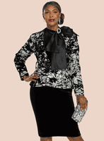 Donna Vinci Couture <br> (Fall 2025) <br> DV12214 <br> <br> BLACK/SILVER <br> 8 10 12 14 16 18 20<br> <br> 3pc. Jacket, Cami & Skirt Set <br> Novelty Velvet Jacket Fabric With Small Sequin Trims, Black Velvet Skirt & Camisole. Bow & Broach On The Cami.