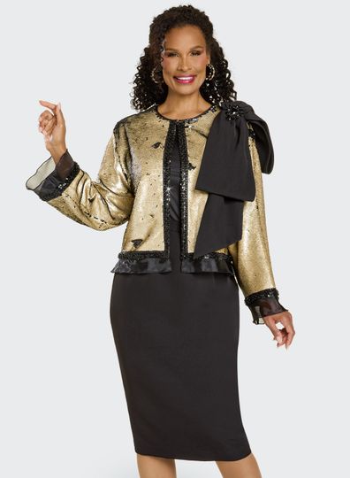 Donna Vinci Couture <br> (Fall 2025) <br> DV12215 <br> <br> GOLD/BLACK <br> 10 12 14 16 18 20 22 24<br> <br> 3pc. Jacket, Cami & Skirt Set <br> Novelty Gold Sequin Jacket With Black Beads On Front & Cuffs. Detachable Big Bow With Broach. Stretch Camisole & Crepe Skirt