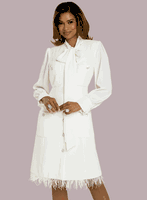 Donna Vinci Couture <br> (Fall 2025) <br> DV12216 <br> <br> OFF-WHITE <br> 8 10 12 14 16 18 20<br> <br> Dress <br> High Quality Button-Front Dress In Boucle Fabric, Designed With Chiffon On Sleeves & Neck Scarf, Trimmed With Pearl/Rhinestone Buttons & Feathers