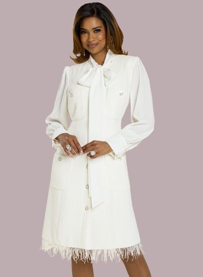 Donna Vinci Couture <br> (Fall 2025) <br> DV12216 <br> <br> OFF-WHITE <br> 8 10 12 14 16 18 20<br> <br> Dress <br> High Quality Button-Front Dress In Boucle Fabric, Designed With Chiffon On Sleeves & Neck Scarf, Trimmed With Pearl/Rhinestone Buttons & Feathers
