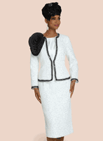 Donna Vinci Couture <br> (Fall 2025) <br> DV12218 <br> <br> WHITE/BLACK <br> 10 12 14 16 18 20 22 24<br> <br> 3pc. Jacket, Cami & Skirt Set <br> Jacket In High Quality Boucle Fabric, Designed With Rhinestone Trims On Front, Back & Cuffs. Virtual Silk Camisole & A Beautiful Detachable Pleated Corsage