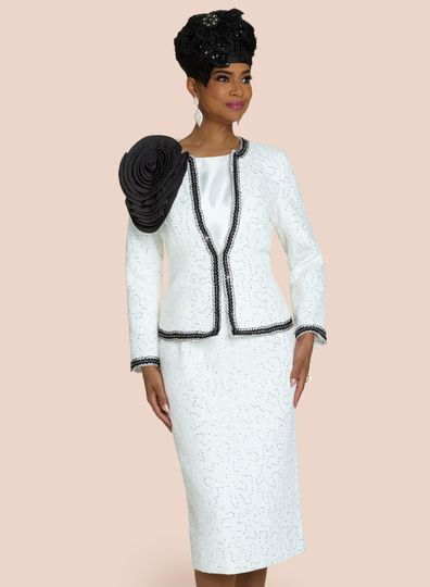 Donna Vinci Couture <br> (Fall 2025) <br> DV12218 <br> <br> WHITE/BLACK <br> 10 12 14 16 18 20 22 24<br> <br> 3pc. Jacket, Cami & Skirt Set <br> Jacket In High Quality Boucle Fabric, Designed With Rhinestone Trims On Front, Back & Cuffs. Virtual Silk Camisole & A Beautiful Detachable Pleated Corsage
