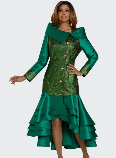 Donna Vinci Couture <br> (Fall 2025) <br> DV12219 <br> <br> FOREST <br> 8 10 12 14 16 18 20<br> <br> Dress <br> Novelty Brocade Fabric & Forest Virtual Silk, Trimmed With Rhinestone & Gold Hardware Buttons