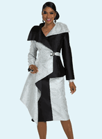 Donna Vinci Couture <br> (Fall 2025) <br> DV12220 <br> <br> BLACK/SILVER <br> 8 10 12 14 16 18 20<br> <br> 2pc. Jacket & Skirt Set <br> Novelty Brocade Fabric & Black Virtual Silk, Trimmed With Black & Silver Rhinestone Closure Buckle