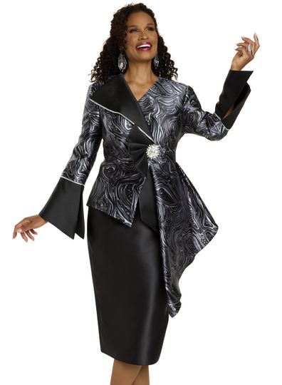 Donna Vinci Couture <br> (Fall 2025) <br> DV12221 <br> <br> BLACK/GREY <br> 8 10 12 14 16 18 20<br> <br> 2pc. Jacket & Skirt Set <br> Printed Virtual Silk Fabric & Solid Black, Trimmed With Rhinestones on Lapel And Cuffs & Rhinestone Closure