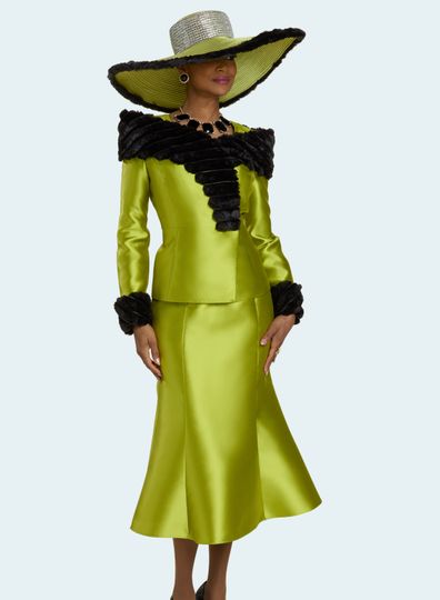 Donna Vinci Couture <br> (Fall 2025) <br> DV12222-LI <br> <br> LIME/BLACK <br> 8 10 12 14 16 18 20<br> <br> 2pc. Jacket & Skirt Set <br> Virtual Silk Fabric Trimmed With High Quality Faux Fur