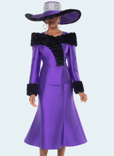 Donna Vinci Couture <br> (Fall 2025) <br> DV12222-PU <br> <br> PURPLE/BLACK <br> 8 10 12 14 16 18 20<br> <br> 2pc. Jacket & Skirt Set <br> Virtual Silk Fabric Trimmed With High Quality Faux Fur