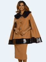 Donna Vinci Couture <br> (Fall 2025) <br> DV12223 <br> <br> MUSTARD/BLACK <br> 8 10 12 14 16 18 20<br> <br> 3pc. Jacket, Cami & Skirt Set <br> Novelty Wool Blend Fabric With Black Faux Fur Collar, Black Sequin Around The Bottom, Gold Rhinestones At Armscye & Beautiful Buttons