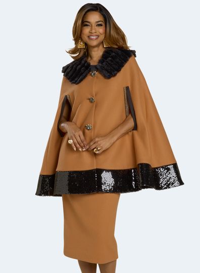 Donna Vinci Couture <br> (Fall 2025) <br> DV12223 <br> <br> MUSTARD/BLACK <br> 8 10 12 14 16 18 20<br> <br> 3pc. Jacket, Cami & Skirt Set <br> Novelty Wool Blend Fabric With Black Faux Fur Collar, Black Sequin Around The Bottom, Gold Rhinestones At Armscye & Beautiful Buttons