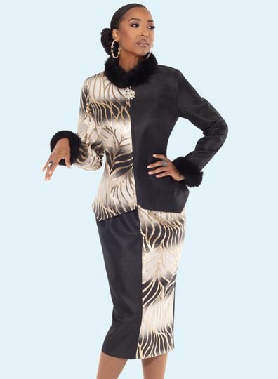 Donna Vinci Couture <br> (Fall 2025) <br> DV12224 <br> <br> BLACK/GOLD <br> 8 10 12 14 16 18 20<br> <br> 2pc. Jacket & Skirt Set <br> Novelty Brocade Fabric & Black Novelty, Trimmed With High Quality Faux Fur on Cuffs & Neckline. Rhinestone Zipper Pull