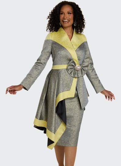 Donna Vinci Couture <br> (Fall 2025) <br> DV12226 <br> <br> GREY/YELLOW <br> 8 10 12 14 16 18 20<br> <br> 2pc. Jacket & Skirt Set <br> Novelty Fabrics Trimmed With Metallic Gold & Rhinestone Closure