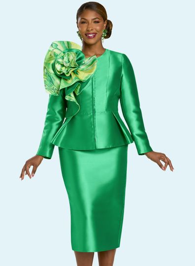 Donna Vinci Couture <br> (Fall 2025) <br> DV12227 <br> <br> GREEN <br> 8 10 12 14 16 18 20<br> <br> 2pc. Jacket & Skirt Set <br> Virtual Silk Fabric Designed With Multicolor Corsage. Rhinestone Zipper Pull Front Closure