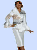 Donna Vinci Couture <br> (Fall 2025) <br> DV12228 <br> <br> WHITE <br> 8 10 12 14 16 18 20<br> <br> 2pc. Jacket & Skirt Set <br> Virtual Silk Fabric Designed With Sequin Trims in White, Rose Gold & Silver. Front Rhinestone Buckle Closure
