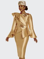 Donna Vinci Couture <br> (Fall 2025) <br> DV12229 <br> <br> GOLD <br> 8 10 12 14 16 18 20<br> <br> 2pc. Jacket & Skirt Set <br> Virtual Silk Fabric Trimmed With 3D Gold Embroidery Flowers