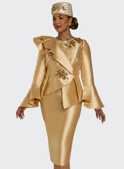Donna Vinci Couture <br> (Fall 2025) <br> DV12229 <br> <br> GOLD <br> 8 10 12 14 16 18 20<br> <br> 2pc. Jacket & Skirt Set <br> Virtual Silk Fabric Trimmed With 3D Gold Embroidery Flowers