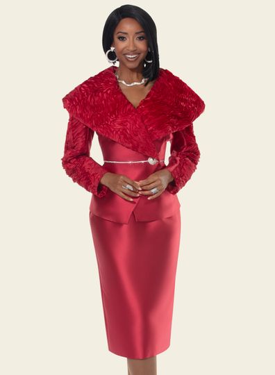 Donna Vinci Couture <br> (Fall 2025) <br> DV12230-RE <br> <br> RED <br> 8 10 12 14 16 18 20<br> <br> 2pc. Jacket & Skirt Set <br> Virtual Silk Fabric Designed With Novelty Fabric & Rhinestone Button